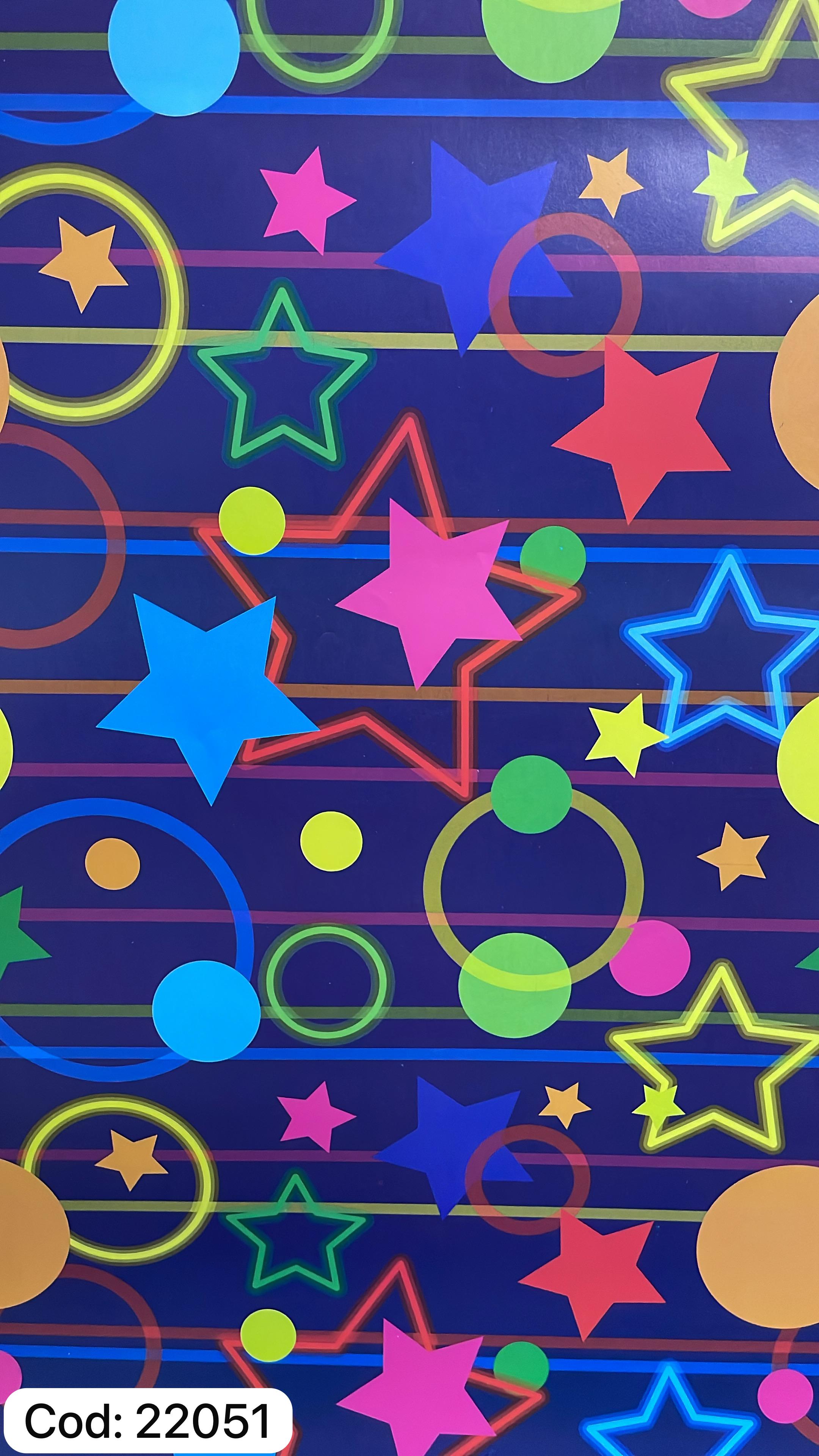 Papel de regalo ilustracion estrellas, circulos y rayas fluo fondo azul
