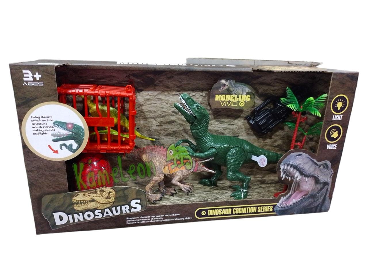 Set muÑeco dinosaurio con accesoios y luz