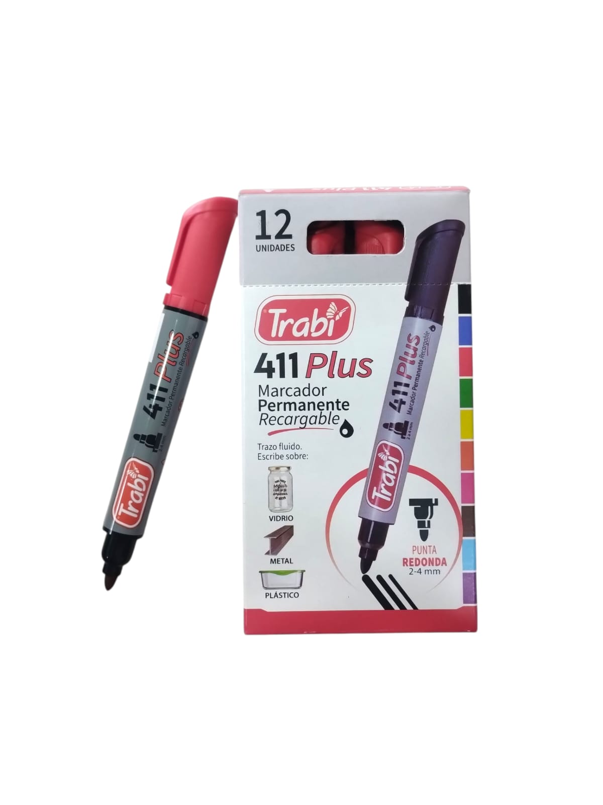 Marcador trabi permanente 411 plus rojo caja por 12un.