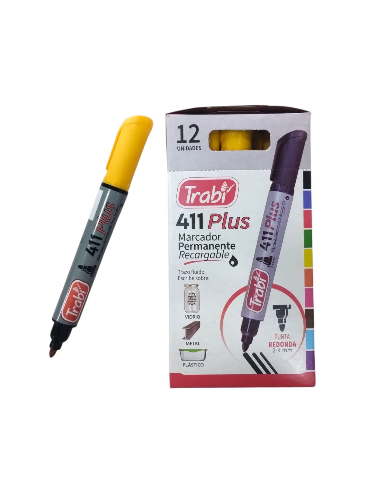 Marcador trabi permanente 411 plus amarillo caja por 12un.