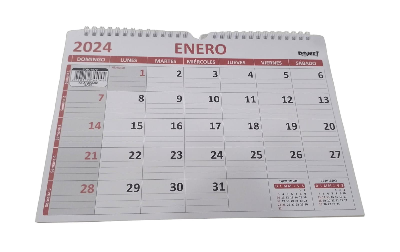 Calendario rome a4 apaisado rojo art. 4970