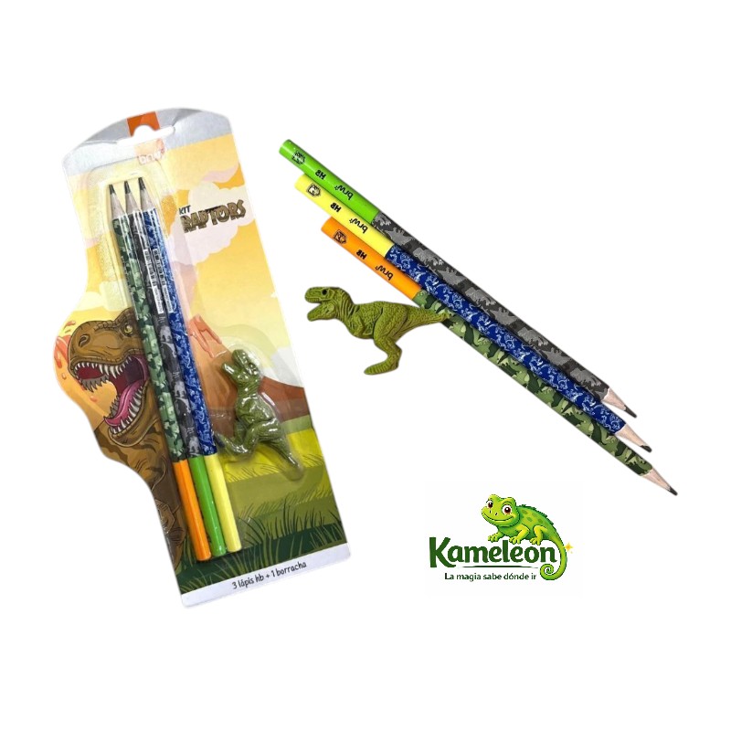 Kit brw escolar raptor ( 3 lapiz hb + 1 goma) blister x 1